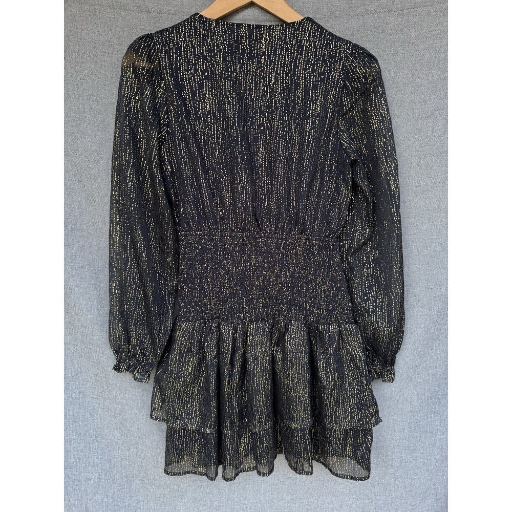Aqua Metallic Puff Sleeve Mini Dress Small Navy Blue Gold Dot NYE Smocked - Picture 6 of 8